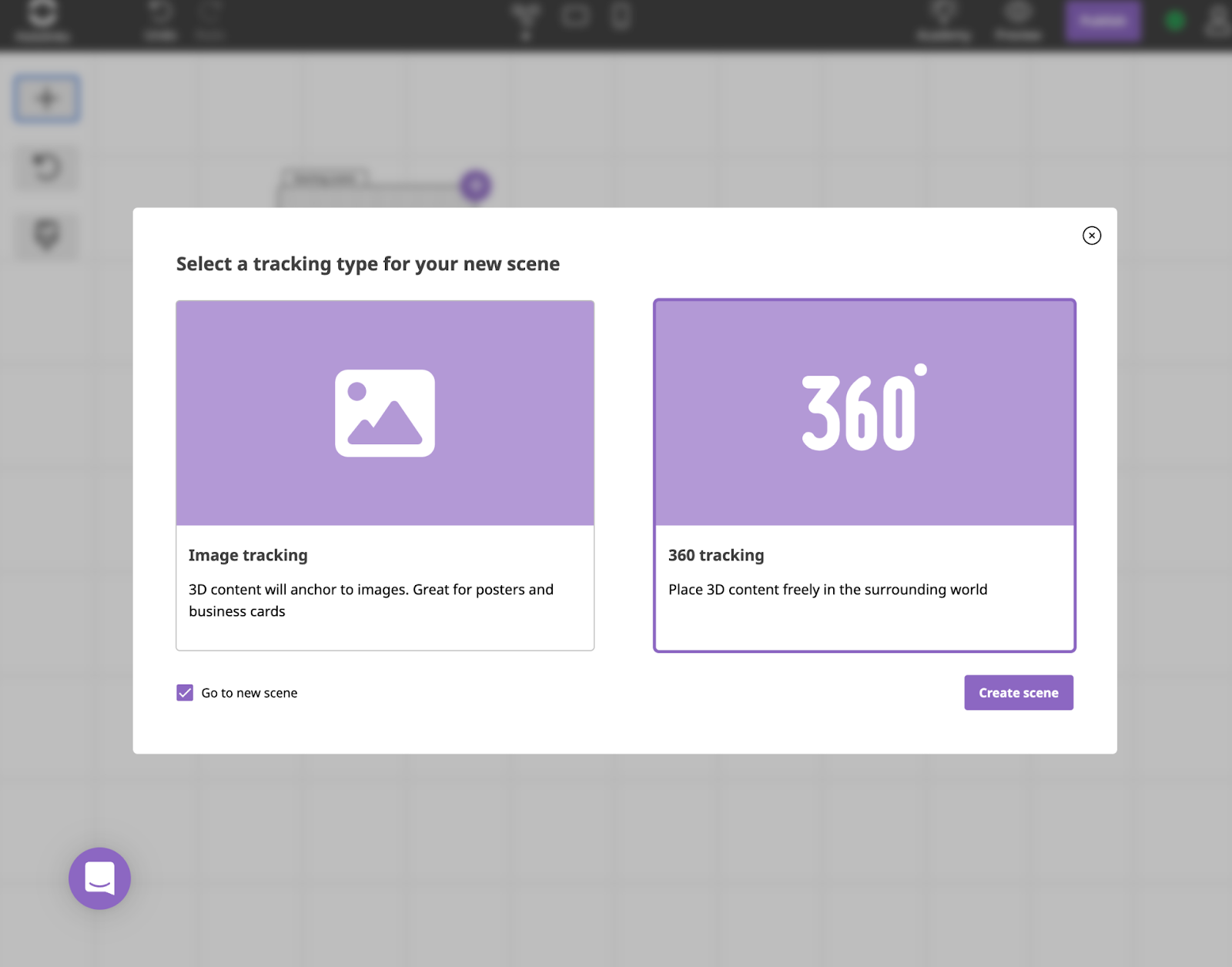 Create a 360 Scene by choosing it in the scene menu
