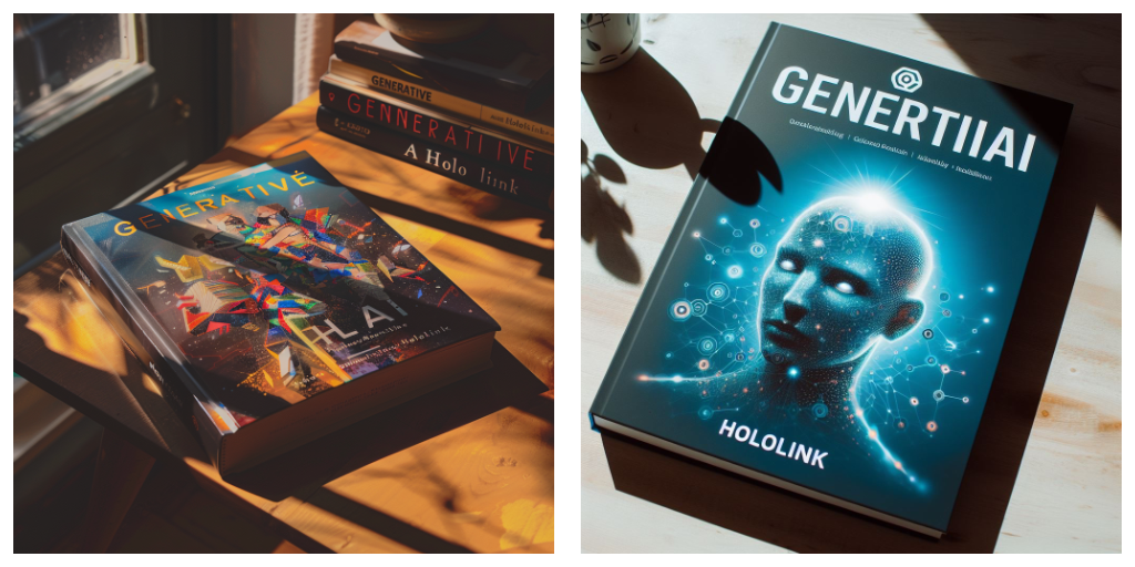 *The images above have been created with Midjourney (left) and Dall-E (right) with the following prompt: “A book about "GENERATIVE AI", written by "Hololink". Cool and modern artwork on the cover of the book. The book is lying on a sunlit table. Digital photograph.”*