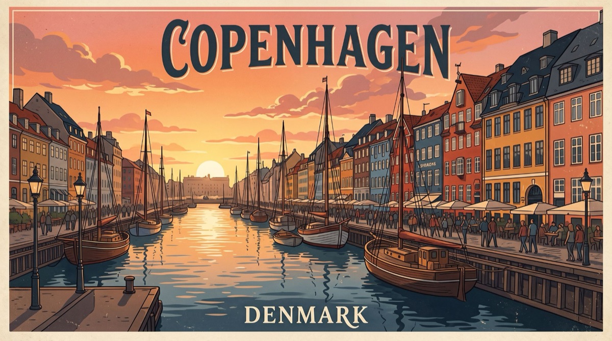 A generated vintage travel poster of Copenhagen harbour at sunset